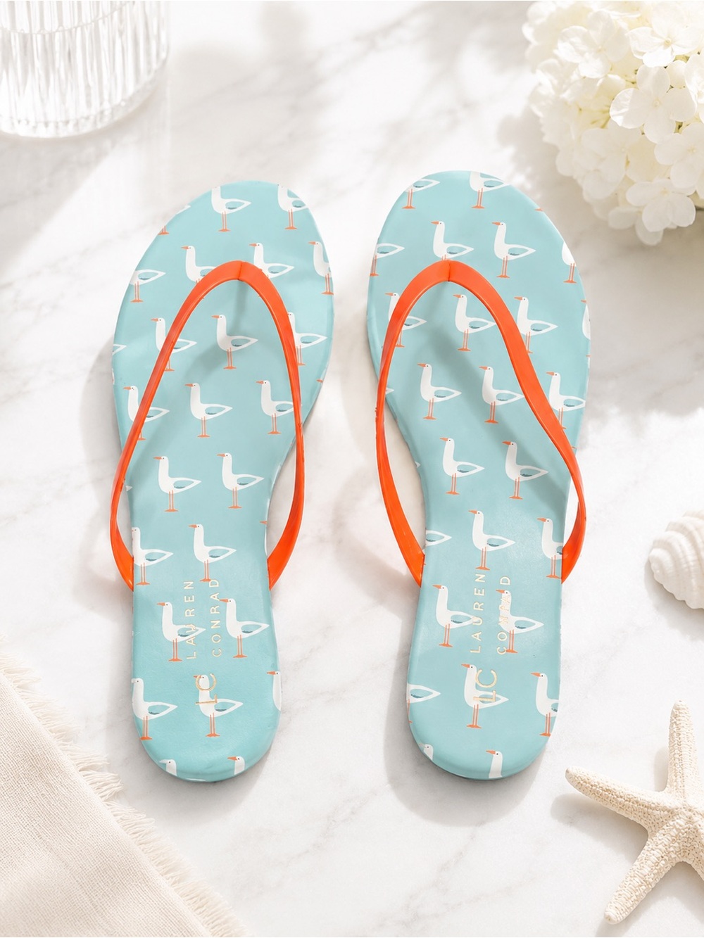 LC Lauren Conrad Seagull Flip Flops Aqua Coral Beach Sandals NWT 10